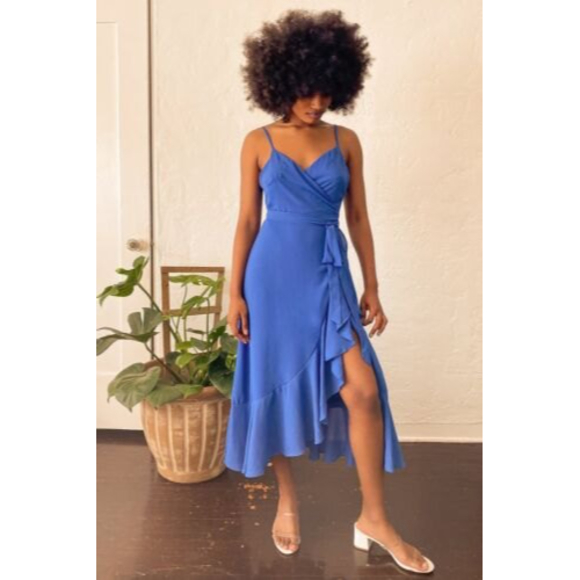 Lulus Manhattan Moment Blue Ruffled Midi Wrap Dress Size S - Picture 3 of 12